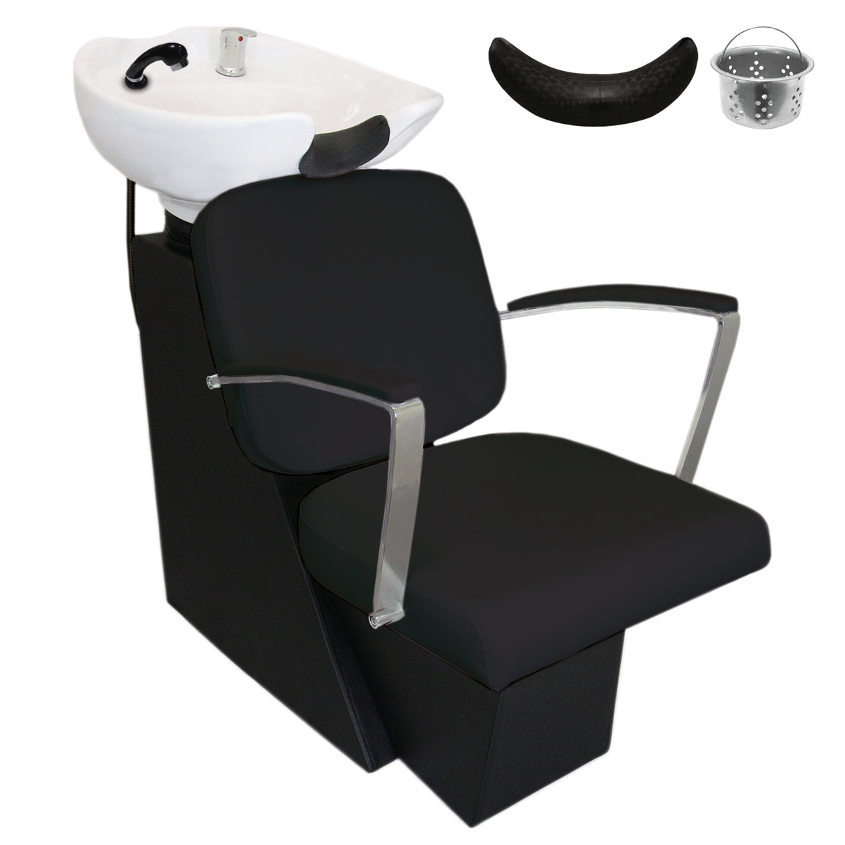 Fauteuil de salon de coiffure noir avec lavabo blanc, accoudoirs en métal, design moderne et rembourrage confortable pour un usage professionnel