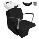 Fauteuil de salon de coiffure noir avec lavabo blanc, accoudoirs en métal, design moderne et rembourrage confortable pour un usage professionnel