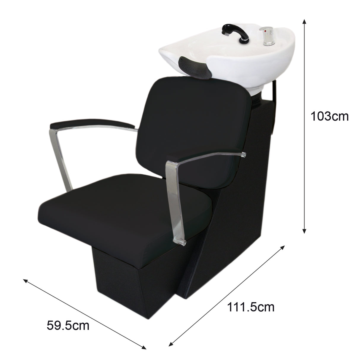 Fauteuil de coiffure noir avec lavabo intégré, accoudoirs en métal, design moderne et dimensions de 59,5 cm de large et 103 cm de haut