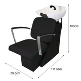 Fauteuil de coiffure noir avec lavabo intégré, accoudoirs en métal, design moderne et dimensions de 59,5 cm de large et 103 cm de haut