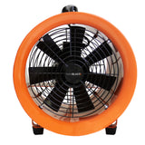 Ventilateur industriel MAXBLAST orange avec grille noire, conçu pour un conduit de 12 m, puissant et robuste, idéal pour la ventilation