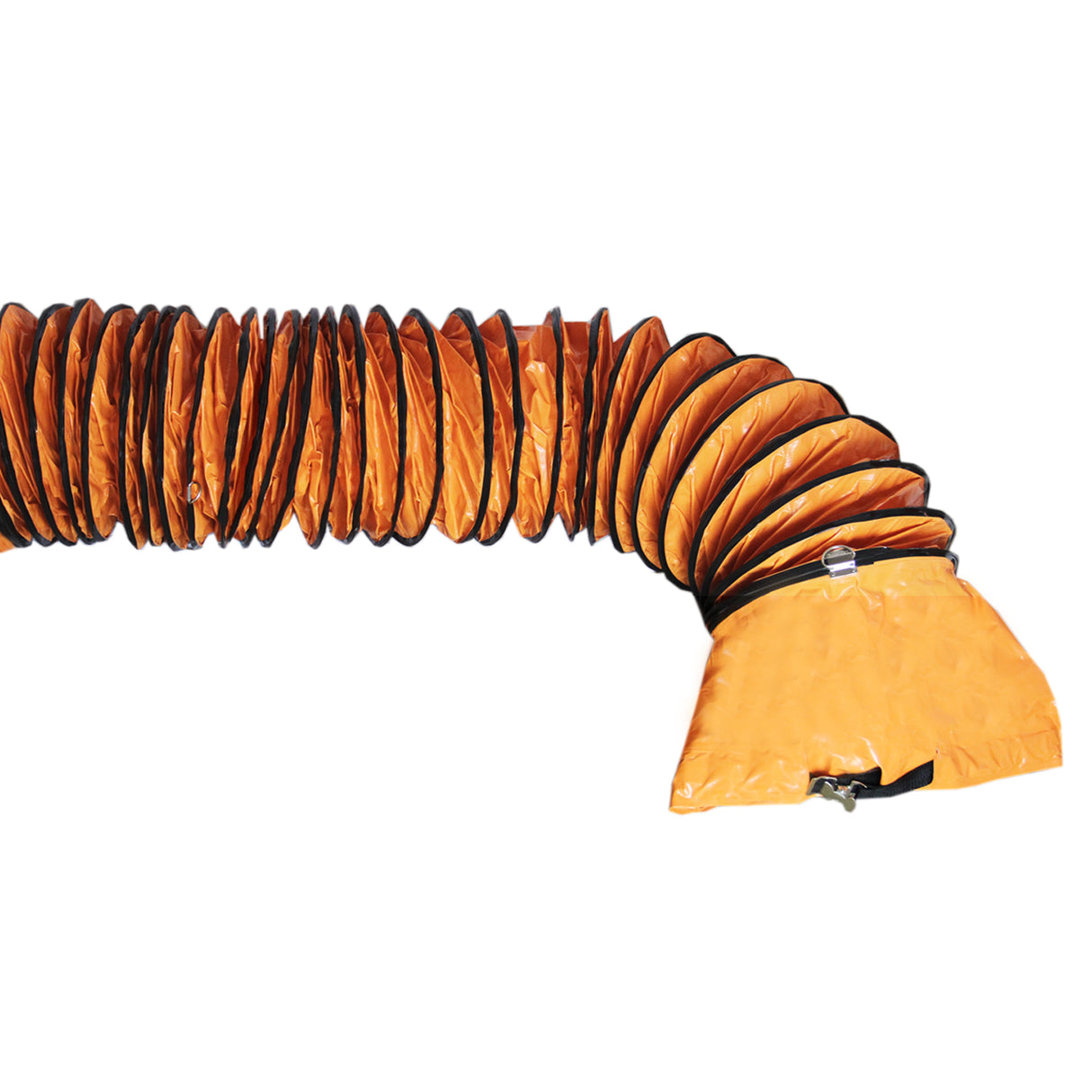 Conduit flexible orange de 12 m, conçu pour le ventilateur industriel MAXBLAST, avec texture plissée et attaches robustes