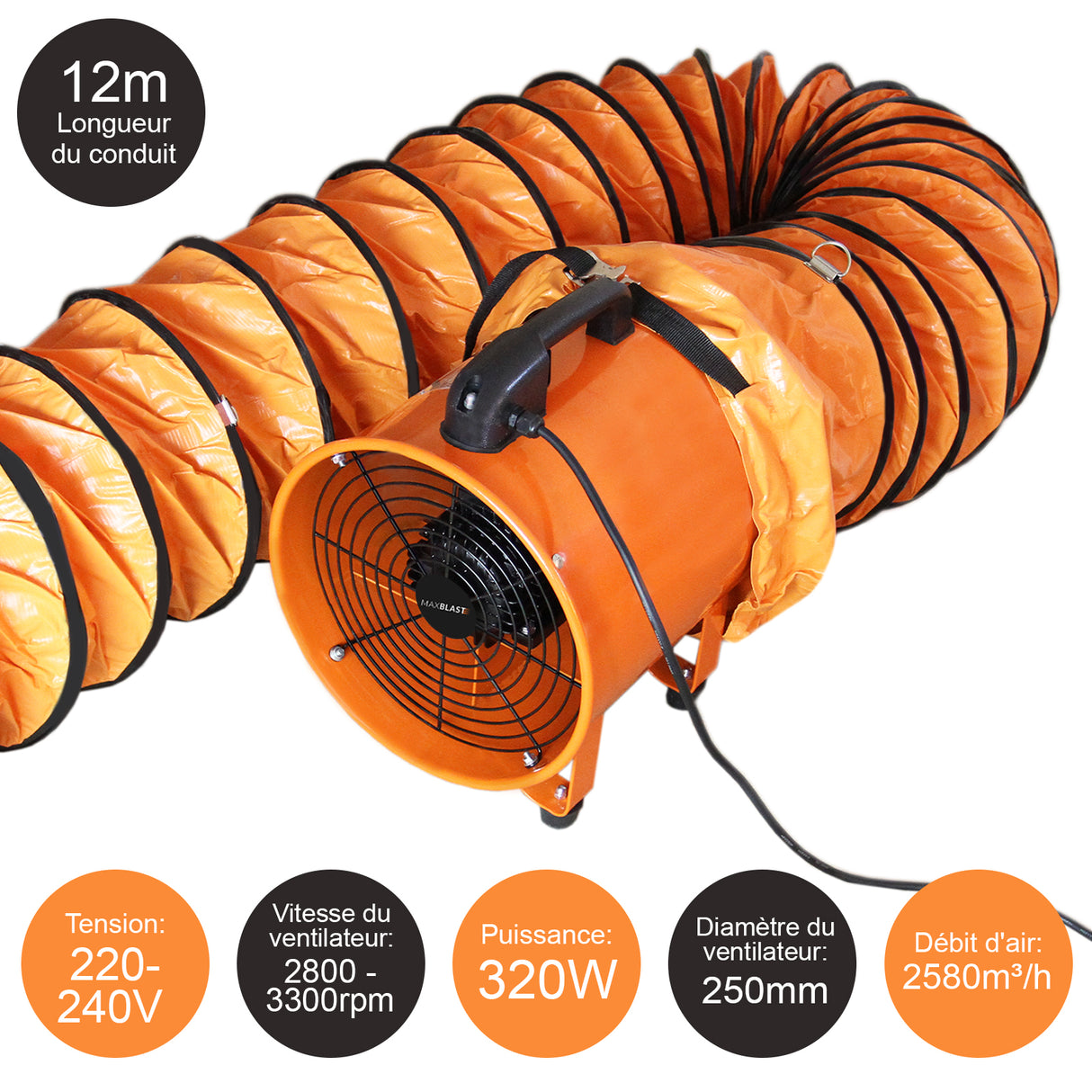 Ventilateur industriel orange avec conduit flexible de 12 m, diamètre de 250 mm, puissance de 320 W, conçu pour un débit d'air élevé