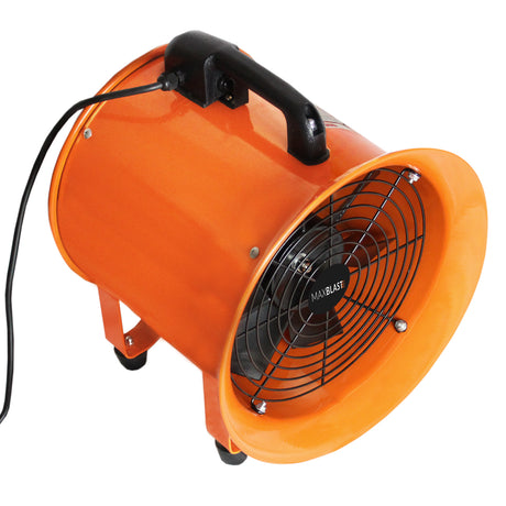 Ventilateur industriel MAXBLAST en métal orange, avec un conduit de 6 m, grille noire, roues pour un transport facile et poignée ergonomique