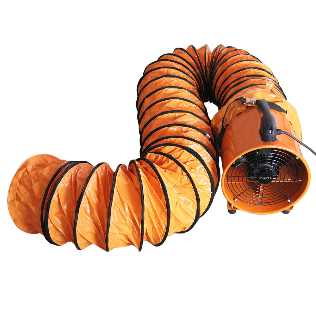 Ventilateur industriel orange de 550 W avec conduit flexible de 6 m, conçu pour une circulation d'air efficace et rapide