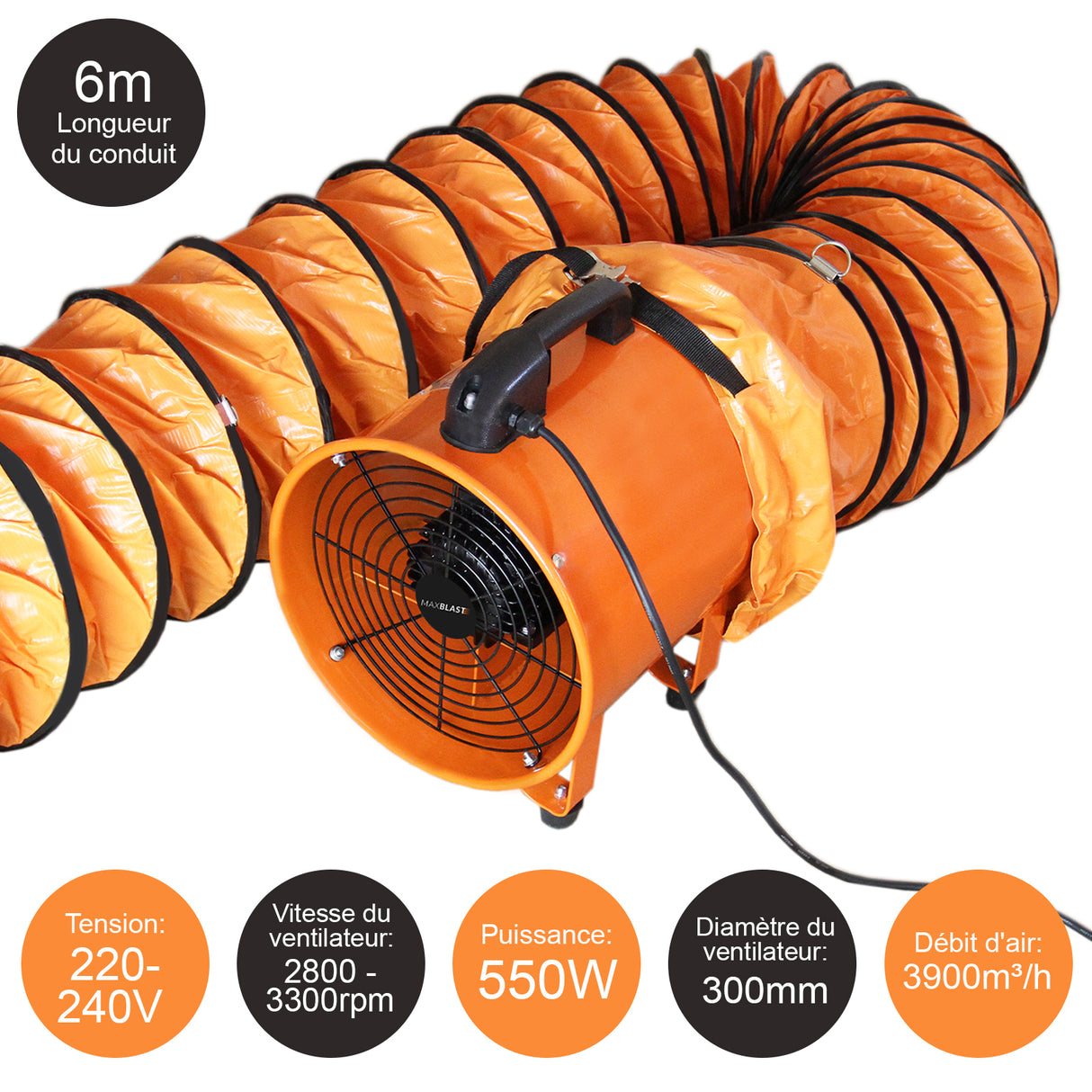 Ventilateur industriel orange avec conduit flexible de 6 m, puissance de 550 W, conçu pour un débit d'air élevé de 3900 m³/h