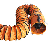 Ventilateur industriel MAXBLAST orange avec conduit flexible de 12 m, 300 mm, 550 W, offrant une texture lisse et une conception robuste