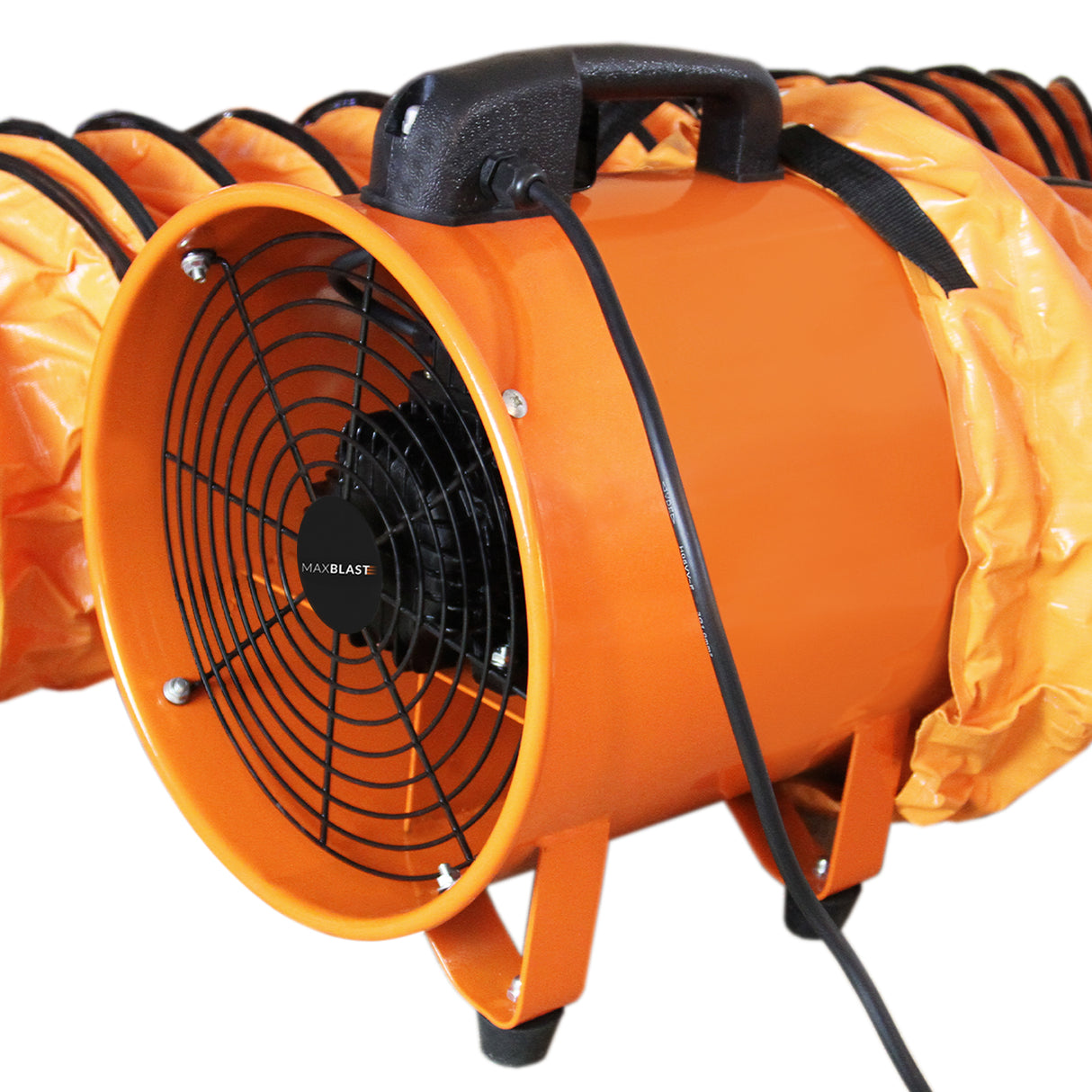 Ventilateur industriel MAXBLAST orange de 300 mm avec conduit de 12 m, équipé d'une grille noire et d'une poignée ergonomique