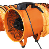 Ventilateur industriel MAXBLAST orange avec conduit de 6 m, grille noire, poignée ergonomique et câble d'alimentation visible