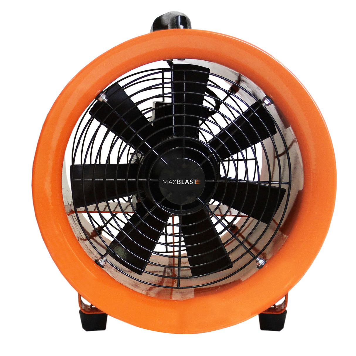 Ventilateur industriel MAXBLAST de 300 mm avec un boîtier orange, grille noire et six pales, conçu pour une ventilation efficace