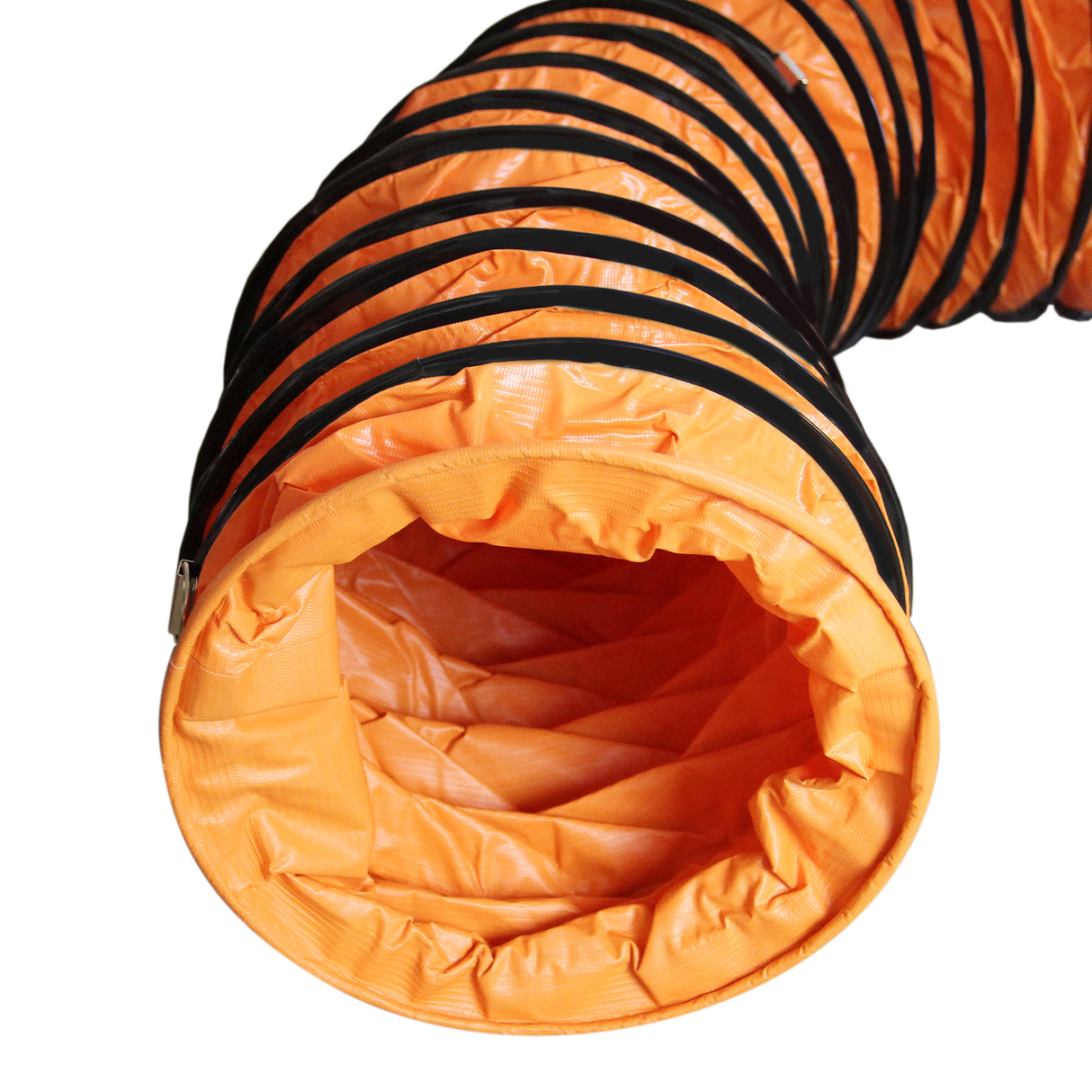 Conduit flexible orange de 12 m, conçu pour un ventilateur industriel, avec texture lisse et bords renforcés pour une durabilité optimale