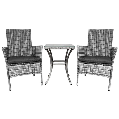 Ensemble de meubles de jardin en osier gris, comprenant deux chaises avec coussins noirs et une table assortie, design moderne et élégant