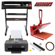 Presse à chaud rouge, découpe vinyle noire, imprimante avec cartouches colorées et rouleaux de vinyle, accessoires pour création graphique