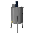 Extracteur de miel électrique en acier inoxydable, cylindrique, avec un moteur bleu, support stable et robinet en bas pour un usage pratique