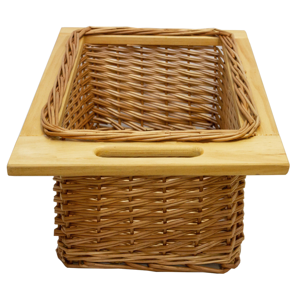 Panier coulissant en pin de 400 mm, tressé en osier naturel, avec une finition en bois lisse et des poignées pratiques pour le transport