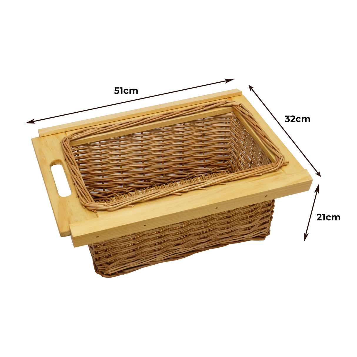 Panier coulissant en pin, tressé, dimensions 51 cm x 32 cm x 21 cm, avec poignées en bois et finition naturelle élégante
