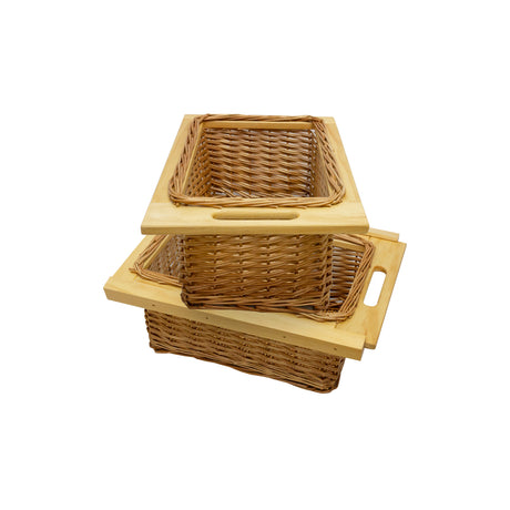 Paniers coulissants en pin, tressés en osier, de couleur beige, avec poignées en bois, parfaits pour le rangement élégant et pratique