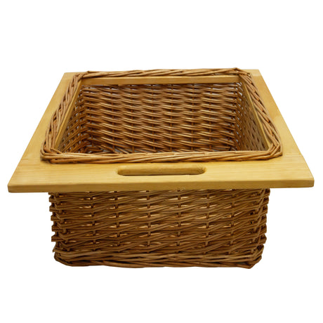 Panier coulissant en pin de 500 mm, tressé en osier naturel avec un couvercle en bois, texture chaleureuse et design pratique