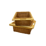 Paniers coulissants en pin, tressés, de couleur brun clair, avec poignées en bois, parfaits pour le rangement et l'organisation