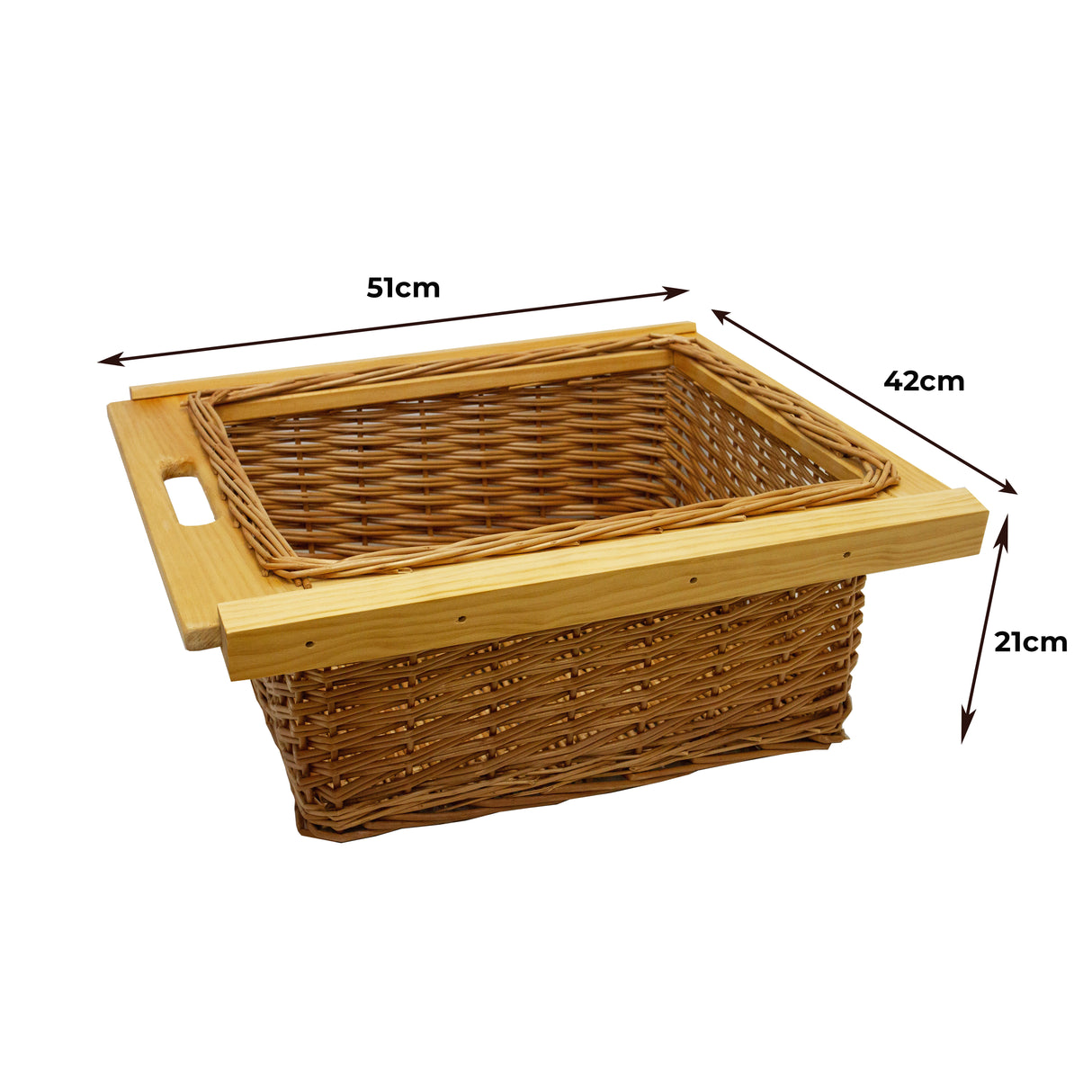 Paniers coulissants en pin, tressés, couleur bois naturel, dimensions 51 cm x 42 cm x 21 cm, avec poignées pratiques pour le rangement