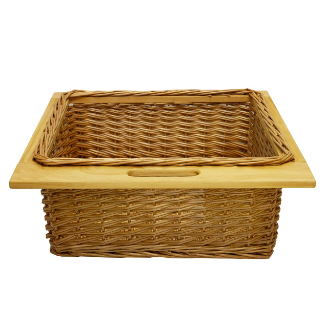 Panier coulissant en pin de 600 mm, tressé en osier naturel avec un couvercle en bois, idéal pour le rangement élégant et pratique