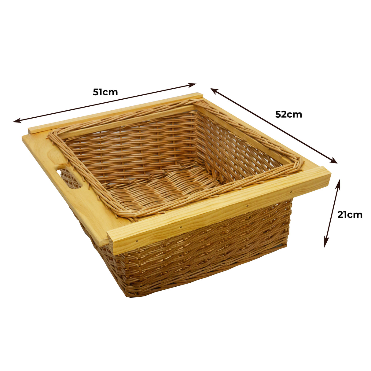 Panier coulissant en pin de 600 mm, tressé en osier avec des dimensions de 51 cm de long, 52 cm de large et 21 cm de haut