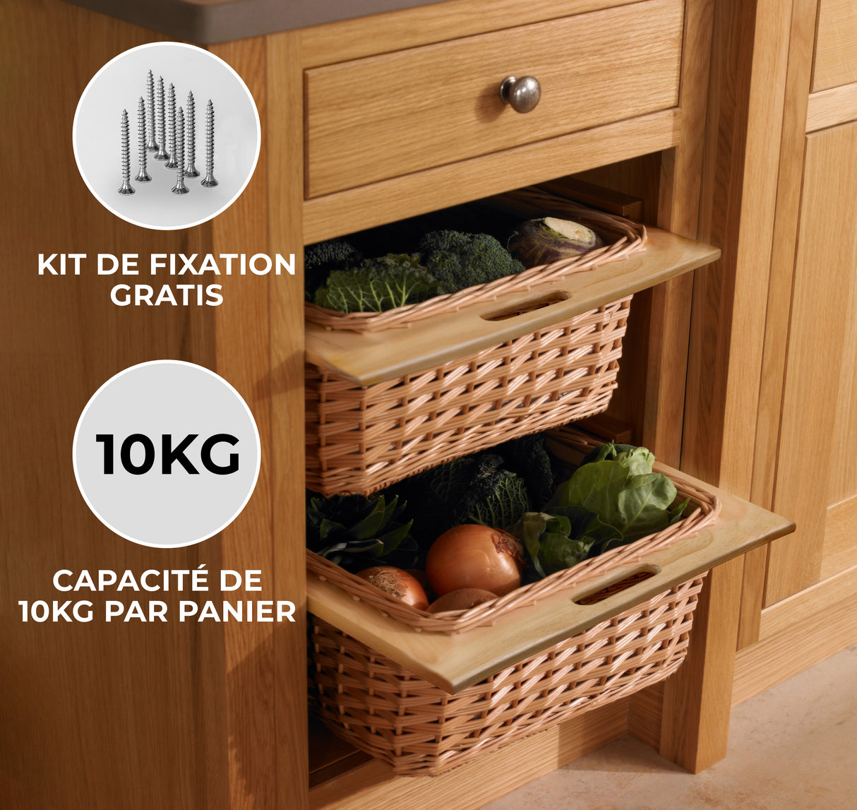 Panier coulissant en pin avec deux paniers tressés, capacité de 10 kg chacun, idéal pour le rangement de légumes frais