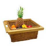 Paniers coulissants en pin, couleur miel, avec fruits variés, texture tressée, poignées en bois pour un rangement pratique
