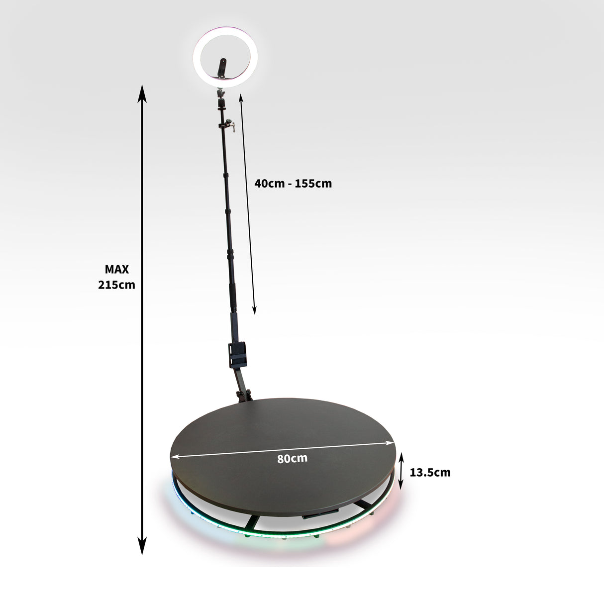Plateforme à selfies rotatif 360° de 80 cm avec trépied ajustable et anneau lumineux, finition noire et éclairage LED coloré