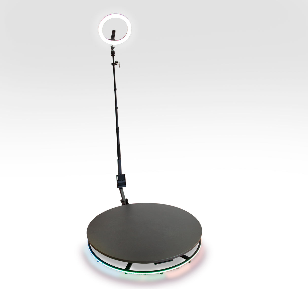 Plateforme à selfies rotatif 360° de 80 cm avec un support de lumière LED, surface noire lisse et éclairage coloré en bas