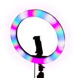Plateforme à selfies rotatif 360° de 80 cm avec un anneau lumineux coloré, offrant un éclairage doux et vibrant pour des photos parfaites
