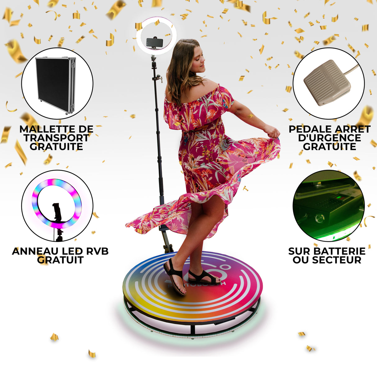 Plateforme à selfies rotatif 360° avec éclairage LED coloré, modèle élégant, accessoires inclus, femme en robe tournante sur fond festif