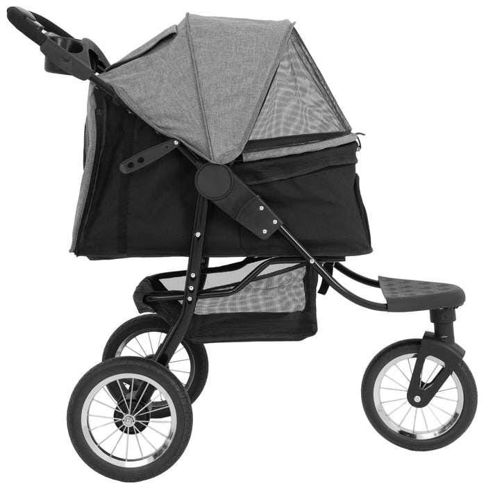 Poussette noire et grise avec un toit en tissu, roues en caoutchouc, et un siège spacieux, idéale pour les promenades avec bébé