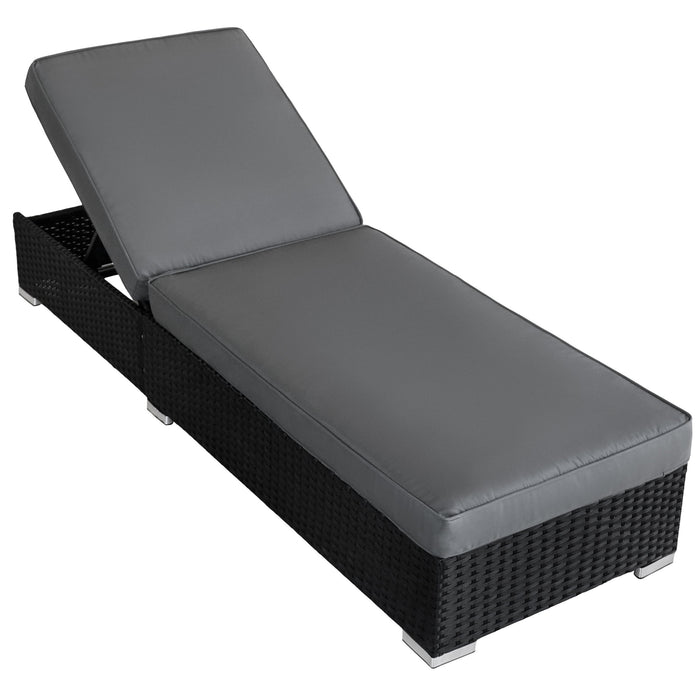 Chaise longue en résine tressée noire avec coussin gris, design moderne, surface lisse et confortable, idéale pour l'extérieur