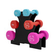 Haltères colorés de 1 à 3 kg sur un support noir, avec des poignées en bleu, rouge et rose, parfaits pour un entraînement à domicile