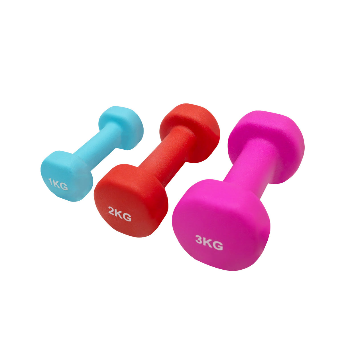 Haltères en mousse de différentes couleurs : bleu (1kg), rouge (2kg) et rose vif (3kg), avec une texture douce et antidérapante
