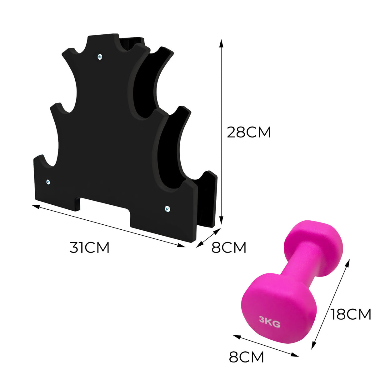 Haltère rose de 3 kg à côté d'un support noir en forme de couronne, mesurant 31 cm de large et 28 cm de haut, idéal pour le rangement