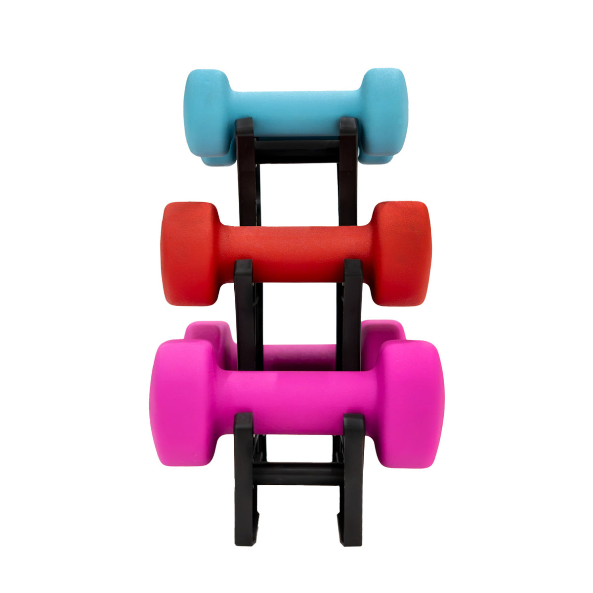 Haltères en plastique colorés empilés : bleu, rouge, rose, avec un support noir, parfaits pour l'entraînement à domicile ou en salle de sport