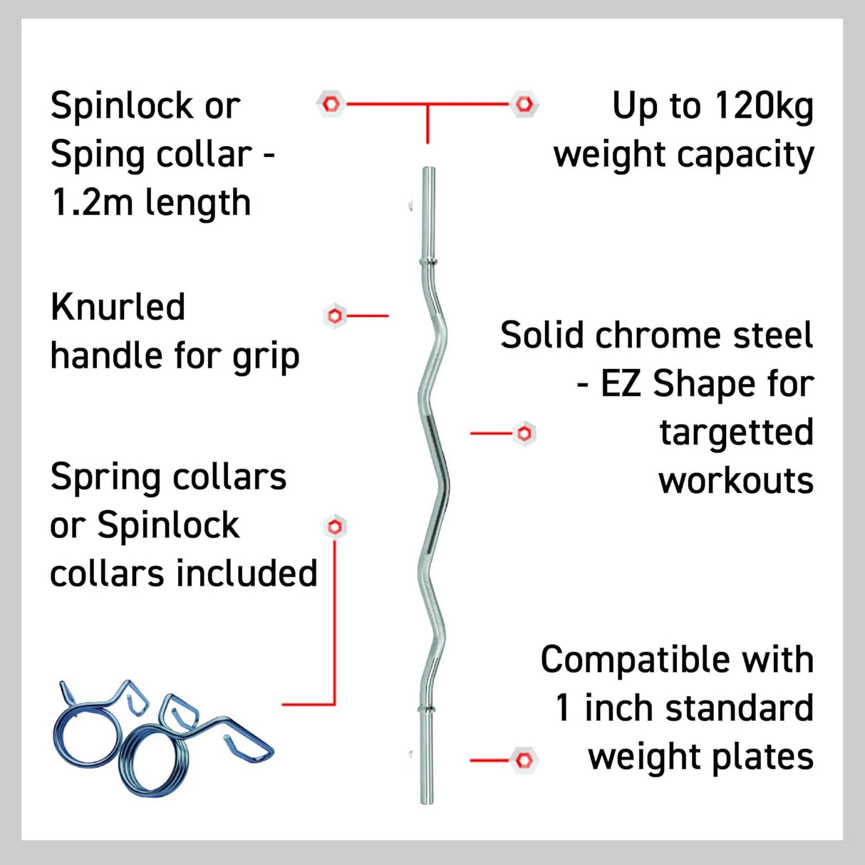 Barre de Musculation EZ 1,2 m - Colliers de Serrage à Ressort