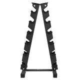 Support d’haltères en métal noir à 6 niveaux, design robuste avec des supports en caoutchouc pour maintenir les haltères en place