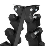 Support d'haltères noir à 6 niveaux, en métal robuste, avec des poids hexagonaux en caoutchouc, offrant une excellente stabilité et organisation
