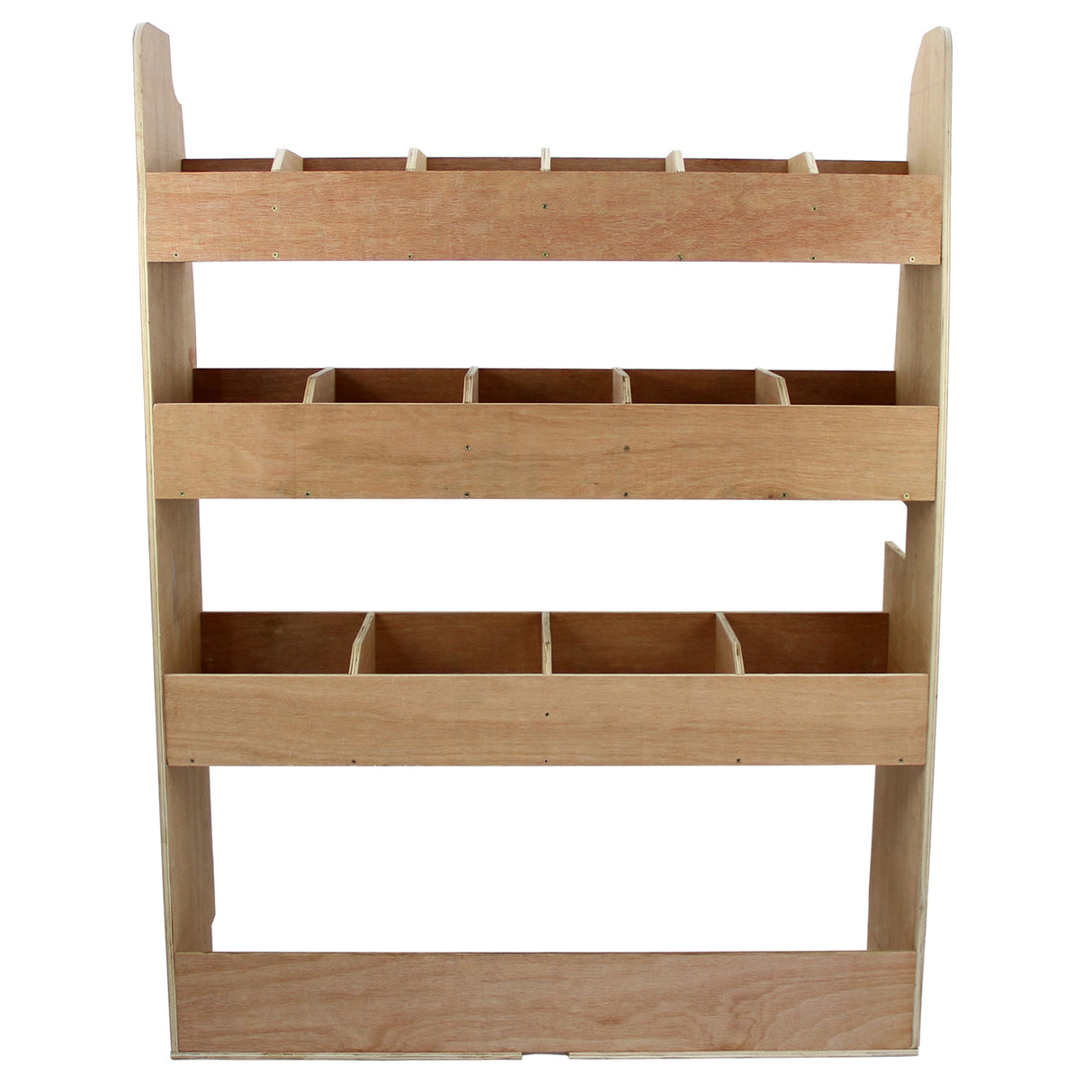 Étagère en contreplaqué de couleur bois naturel, avec trois niveaux de rangement et plusieurs compartiments pour un stockage organisé dans un Ford Transit