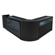 Comptoirs de vente à LED Polaris en noir, avec surfaces lisses, vitrines éclairées et design moderne en forme de L