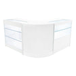 Comptoir de vente à LED en blanc, design moderne avec vitrines en verre transparent, forme en L, idéal pour exposer des produits