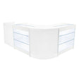 Comptoir de vente à LED blanc en forme de L avec étagères en verre transparent, design moderne et élégant pour boutiques
