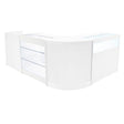 Comptoir de vente à LED Polaris en blanc, design moderne avec surfaces lisses, vitrines en verre et éclairage intégré