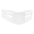 Comptoir de vente à LED blanc en forme de L, avec vitrines en verre transparent et finition lisse, idéal pour l'exposition de produits