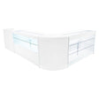 Comptoir de vente à LED en blanc, design moderne avec surfaces lisses, étagères en verre transparent et éclairage intégré