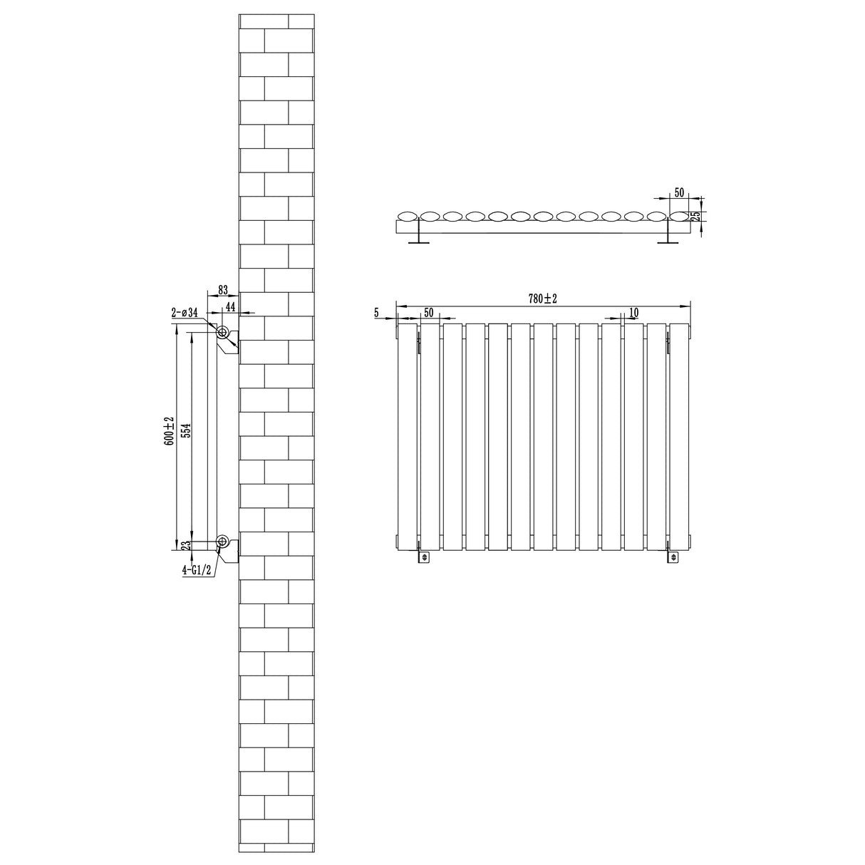 Radiateur à Colonnes Ovales & Vannes, 1 Panneau - 600 x 780 mm - Noir