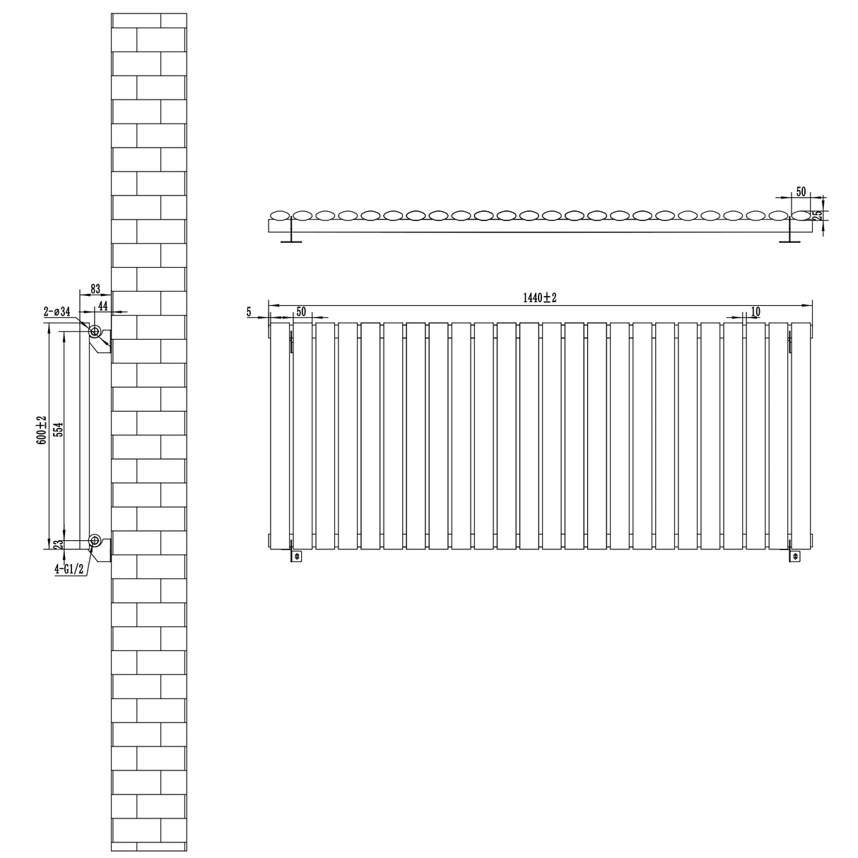 Radiateur à Colonnes Ovales & Vannes, 1 Panneau - 600 x 1440 mm - Blanc